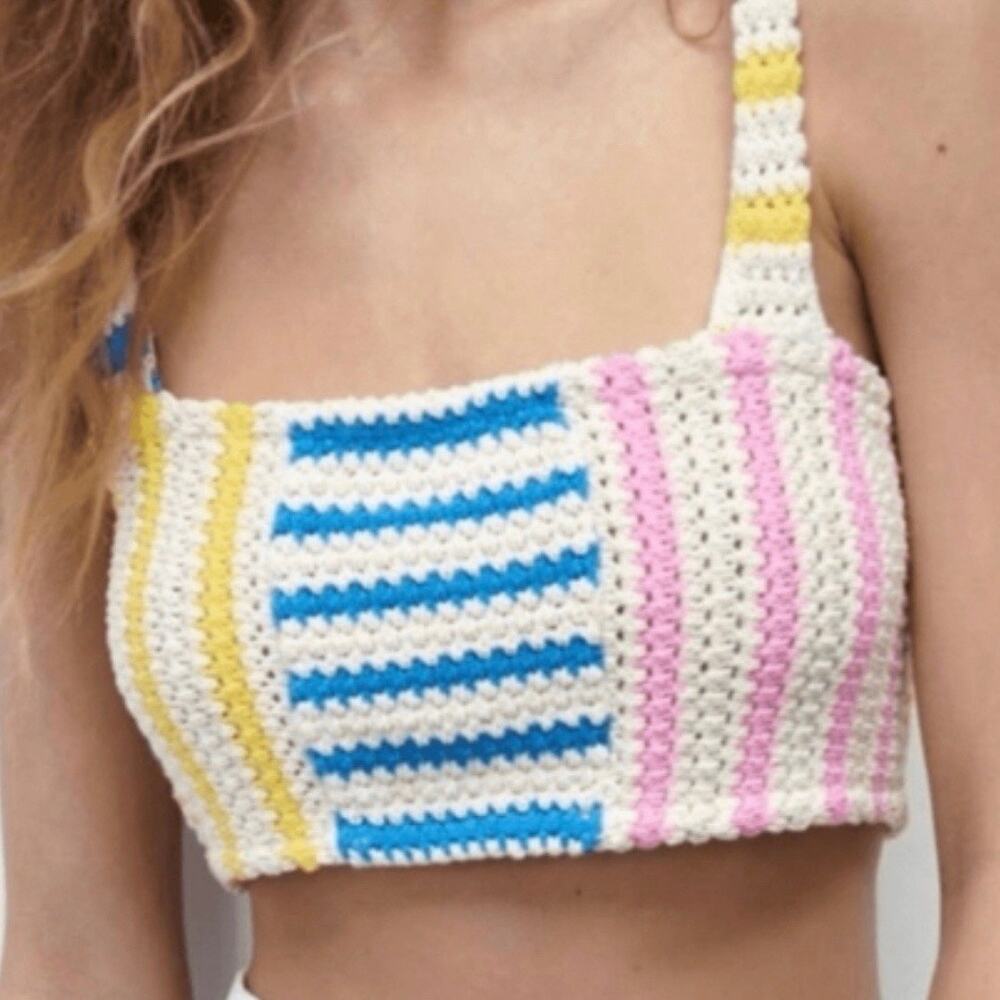 ZARA | Top Cropped Sleeveless Ivory Pink Blue Stripe Knit Top Crochet | Medium